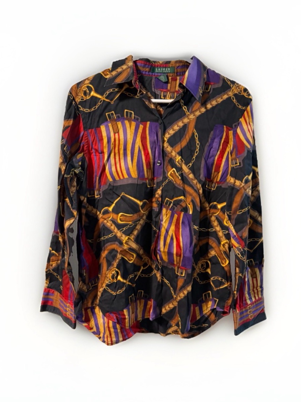Lauren Ralph Lauren Sz Med Equestrian Horsebit Print Button Up Blouse